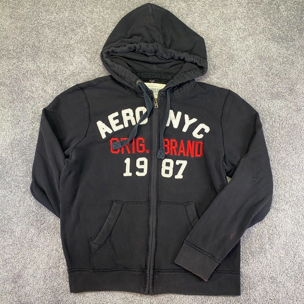 Aeropostale NYC Sweater Mens Large Black Hoodie Sweatshirt Full Zip Pockets